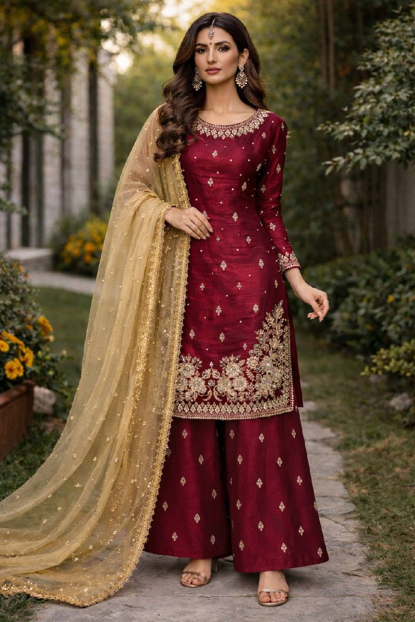 Editorial Deep Maroon Contrast-Drape Set